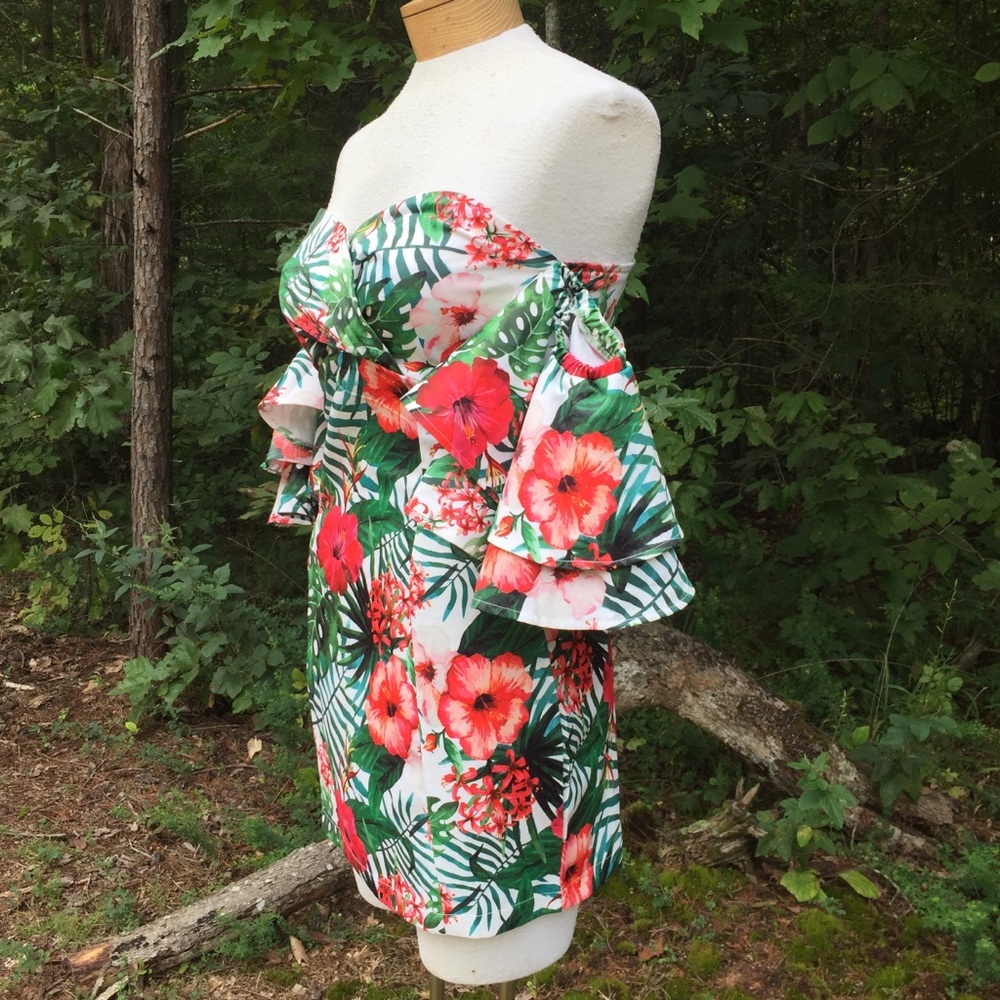 Tea & Cup Tropical Floral Mini Dress Cold Shoulder